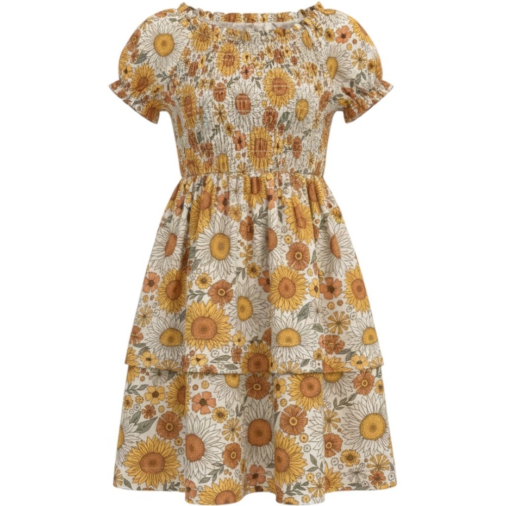 (CL) Rabbit + Bear Organic Cotton Sunflower Floral Smocked Tiered Dress 3T